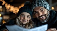 Happy father and daughter reading book together at home during winter evening with warm bokeh lights creating cozy family atmosphere for holiday storytelling.