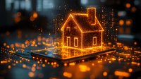 Glowing orange hologram house on digital tablet with sparkles and bokeh effects against dark background, representing smart home technology and digital real estate.