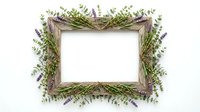 Rustic wooden frame decorated with fresh lavender and green foliage on white background, suitable for wedding invitations, greeting cards, and botanical design projects.