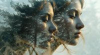 Double exposure portrait of woman's face blended with forest landscape, creating dreamy, ethereal mood for artistic photography.