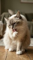 Adorable fluffy kitten with blue eyes licking lips while sitting on wooden floor in cozy home interior for pet care and animal lover content.