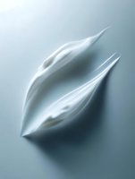 Abstract white fabric shapes creating soft, ethereal forms against light blue background, suggesting gentle movement and flow. Artistic composition for modern decor.