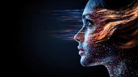Artistic profile portrait with glowing particle effect, digital dispersion showing face transforming into light streams against dark background. For tech and AI concepts.