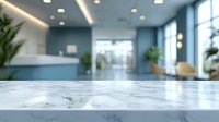 Modern office lobby with marble table surface in foreground and blurred contemporary interior background featuring plants and natural lighting.