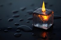 Burning candle frozen in ice cube on dark wet surface with water drops. Dramatic contrast between fire and ice creates mystical atmosphere.