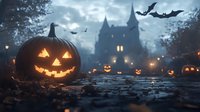 Glowing carved pumpkin with haunted castle silhouette in misty background, illuminated jack o lanterns path and flying bats create spooky Halloween atmosphere.