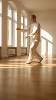 Man in white martial arts uniform practicing tai chi in bright, minimalist studio with arched windows and wooden floor, suitable for wellness and mindfulness content.