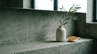 Minimalist concrete windowsill with white ceramic vase holding dried greenery and woven coaster, modern interior design and home decor styling.