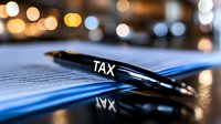 Black pen with tax text on financial documents with blurred bokeh lights background, reflecting business and accounting concept. Professional finance setting.