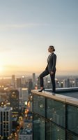 Confident businesswoman in suit standing on rooftop terrace overlooking city skyline at sunset, representing success and leadership in corporate world.