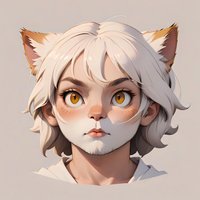 Young female character with white hair, cat ears and striking amber eyes in anime style portrait against neutral background.