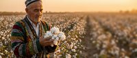 Elderly Middle Eastern farmer in traditional clothing holding fresh cotton bolls in vast cotton field during golden hour sunset harvest season.