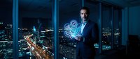 Confident businessman in dark suit holding glowing digital hologram with futuristic interface in modern office overlooking illuminated city skyline at night.
