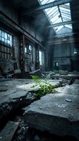 Green fern plant growing through cracked concrete floor in abandoned industrial warehouse building with broken windows and natural light streaming through skylights.
