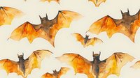 Watercolor bats in orange and brown shades flying on white background, seamless pattern for Halloween decor, fabric design and gift wrapping paper.