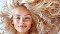 Blonde wavy hair spread out on white background, close up portrait of young woman with natural makeup, blue eyes and glowing skin. For beauty and haircare.
