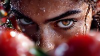 Young woman with intense amber eyes gazing through fresh red cherries with water droplets on her face creating dramatic portrait for beauty campaigns.