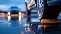Car tire on wet asphalt road with reflection of city lights in puddles during rainy evening, creating atmospheric urban scene with bokeh effect and reflections.