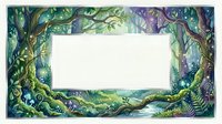 Enchanted forest frame with glowing fairy lights, mossy trees, ferns, and a magical stream, surrounding a blank white space for text or design.