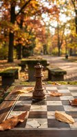Wooden chess king piece on outdoor chessboard with autumn leaves in park setting. Strategic thinking and leisure activity concept for fall season.