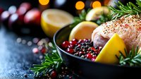 Raw chicken breast with fresh cranberries, lemon, rosemary sprigs and spices in cast iron pan on dark background with bokeh lights. Food preparation concept.