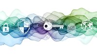 Digital security concept with flowing waves, lock, shield, key and fingerprint icons representing cybersecurity and data protection solutions.