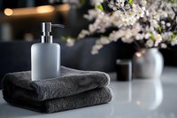Elegant bathroom spa setup with white soap dispenser on folded gray towels, spring cherry blossoms in vase creating luxurious wellness atmosphere.