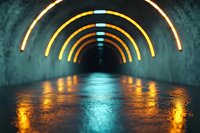 Illuminated tunnel with glowing orange and blue neon arches creating perspective depth on wet reflective floor surface for modern architectural backgrounds.