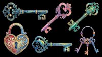 Ornate vintage keys and locks with decorative enamel details isolated on transparent background, ready for t-shirt design, clipart, stickers, sublimation and print-on-demand projects.