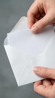 Hands holding white paper envelope opening flap for mail correspondence communication business office stationery document delivery message.