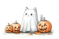 Cute cat dressed as ghost with carved pumpkins and autumn leaves, watercolor Halloween illustration on white background, spooky seasonal art for greeting cards.