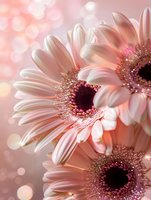 Pink gerbera daisies in soft focus with bokeh background, delicate petals and dark centers creating romantic macro floral composition in coral tones.