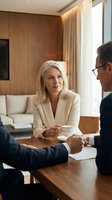 Mature woman with blonde hair and Caucasian ethnicity wearing beige blazer conducts business meeting with male colleagues at wooden desk in modern office interior with warm lighting.