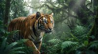Majestic tiger prowling through misty jungle with lush ferns and tropical vegetation in atmospheric forest setting for wildlife and nature projects.