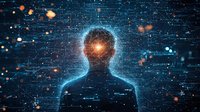 Glowing silhouette of person surrounded by digital particles and network connections against dark background with orange and blue light effects. Future technology concept.