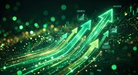 Digital financial growth concept with glowing green arrows and data visualization charts representing business success and market trends analysis.