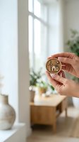 Hands holding wooden coin with house icon in bright modern interior for real estate investment and property market concepts.