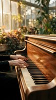 Hands playing wooden piano in sunlit greenhouse conservatory with warm golden light and lush green plants creating peaceful musical atmosphere.