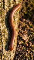 Large red millipede crawling on tree bark in natural forest environment with moss and fallen leaves for educational wildlife content.
