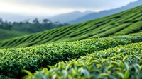 Rolling hills covered in lush green tea plantations stretching into misty mountains, vibrant agricultural landscape with rows of tea bushes in morning light.