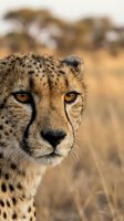 Cheetah with striking amber eyes gazing directly at camera in natural savanna habitat. Wildlife portrait capturing feline predator in arid landscape setting.