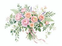 Lush bouquet of pink and peach roses with lavender accents, eucalyptus foliage, and trailing greenery tied with ribbon, isolated on white background for design use.