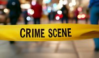 Yellow crime scene tape barrier with blurred police and emergency lights in background, creating dramatic law enforcement atmosphere at night investigation scene.