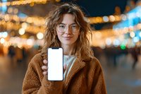 Young woman with curly hair and glasses holding smartphone at night market with bokeh lights background for mobile app advertising and technology concepts.
