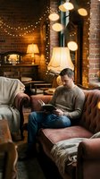 Young Caucasian man reading book in cozy living room with fireplace, warm lighting and leather furniture for relaxation and leisure lifestyle.