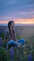 Young woman meditating peacefully in wildflower meadow during golden hour sunset with purple lupines and yellow blooms creating serene natural wellness scene.
