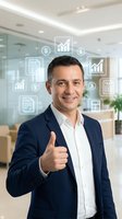 Confident businessman giving thumbs up with financial data icons overlay in modern office environment for business success and growth concepts.