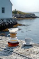 Pour-over coffee maker and white cup on wooden dock overlooking serene coastal waters, with white cottage and rocky shoreline in soft focus background.