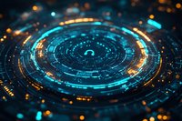 Futuristic circular technology pattern with glowing blue and orange lights creating dynamic spiral composition against dark background. Digital innovation concept.