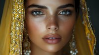 Young Middle Eastern woman wearing traditional yellow hijab with golden embellishments and pearl details, showcasing natural makeup and striking blue eyes in dramatic lighting.